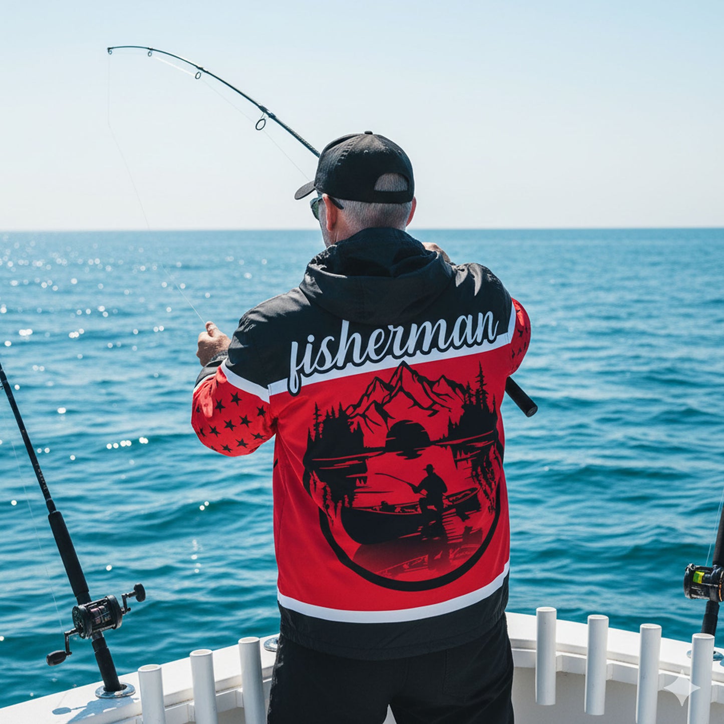 American Fishing Club Windbreaker Jacket – Red & Black Fisherman Edition | Lightweight Hooded Outdoor Jacket for Men