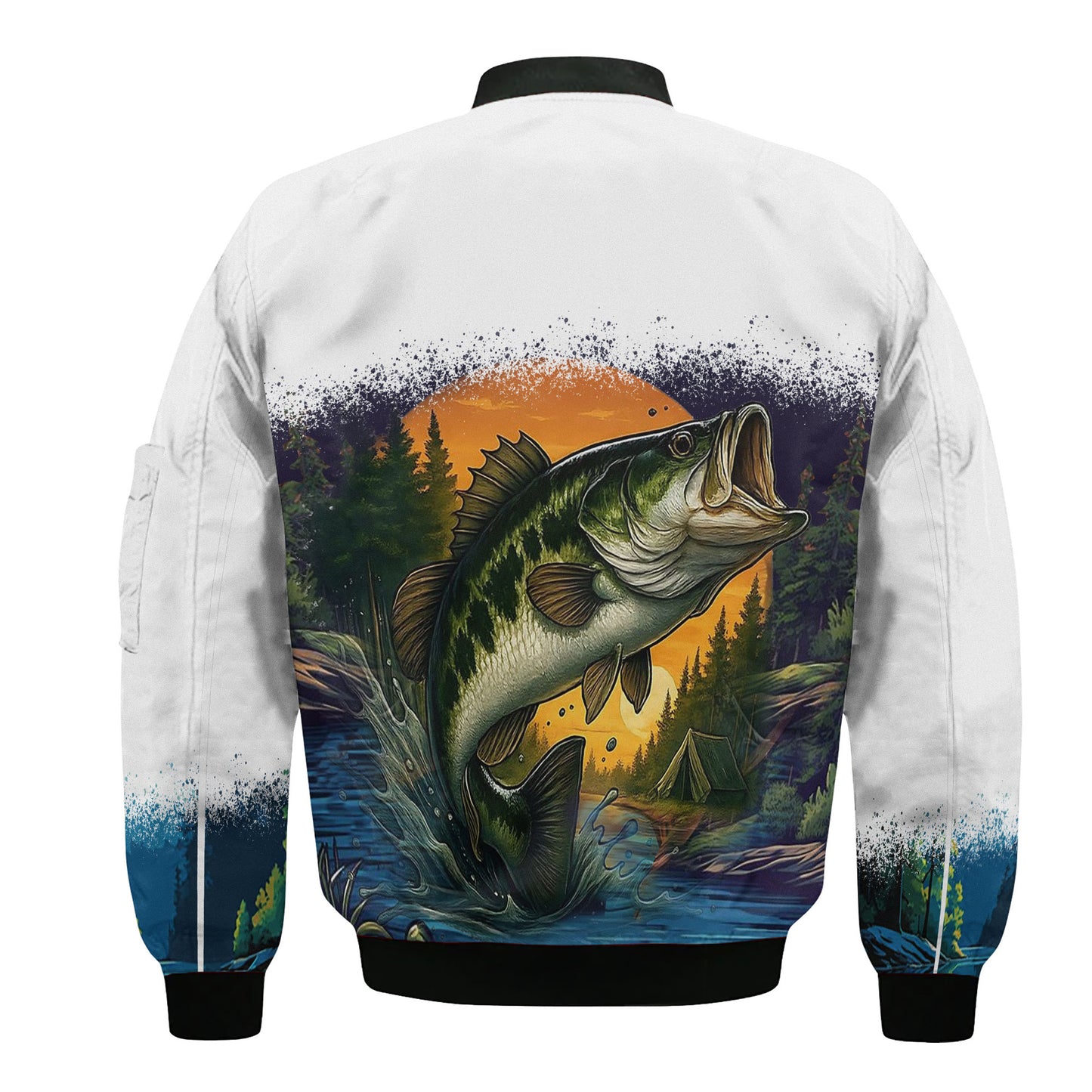 Largemouth Bass Bomber Jacket – Sunrise Fishing Edition | White & Blue Outdoor Fisherman Jacket for Men