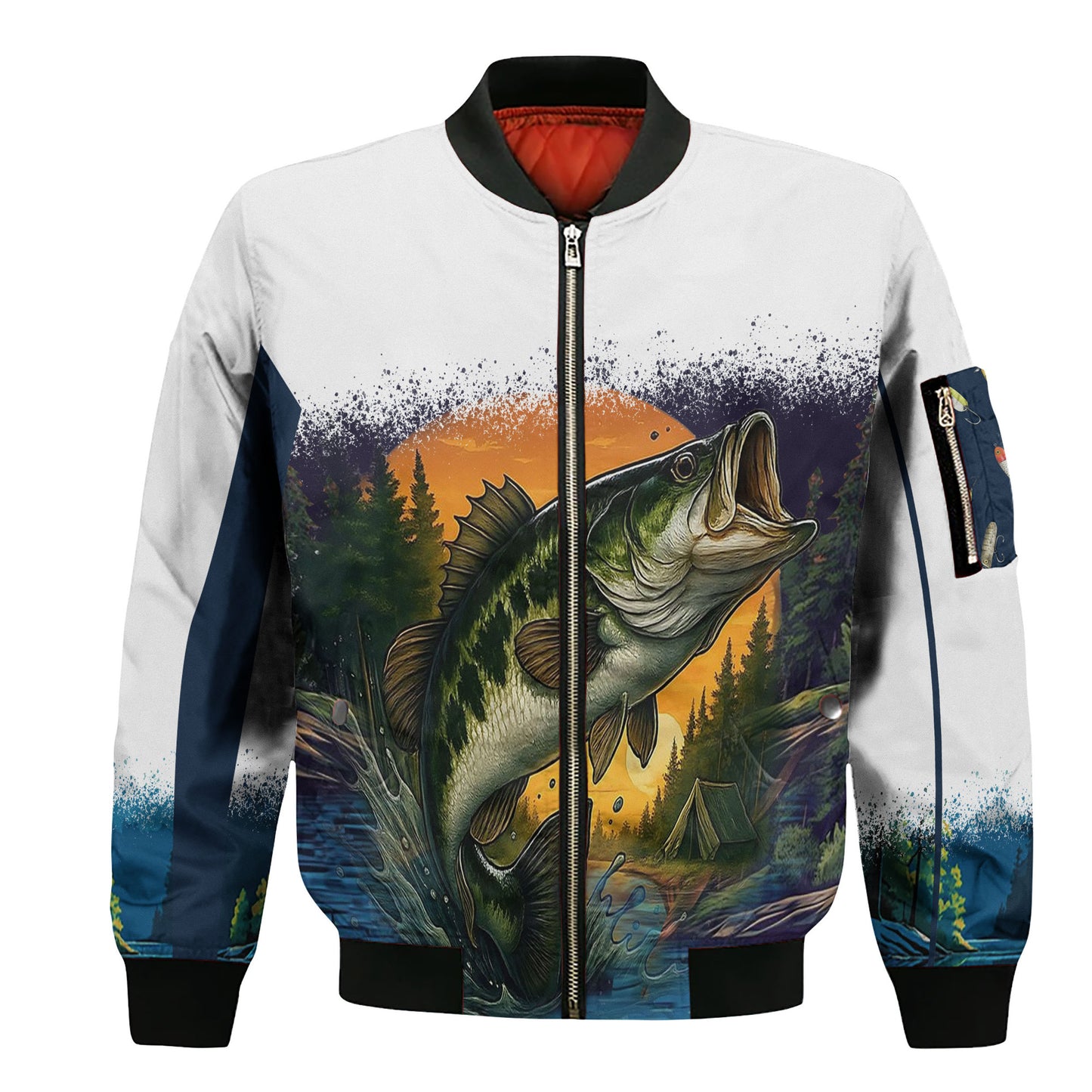 Largemouth Bass Bomber Jacket – Sunrise Fishing Edition | White & Blue Outdoor Fisherman Jacket for Men