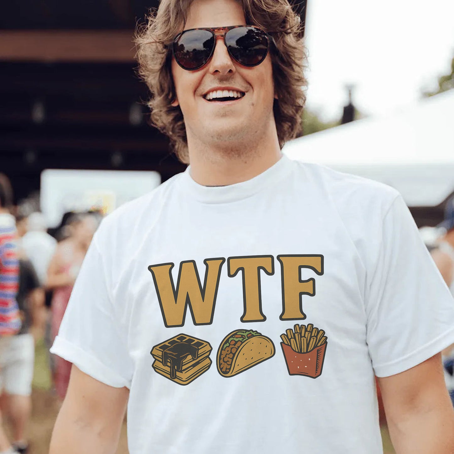 WTF Waffles Tacos Fries Funny Food T-Shirt - Trendy White Tee for Food Lovers - White - Up To 5XL