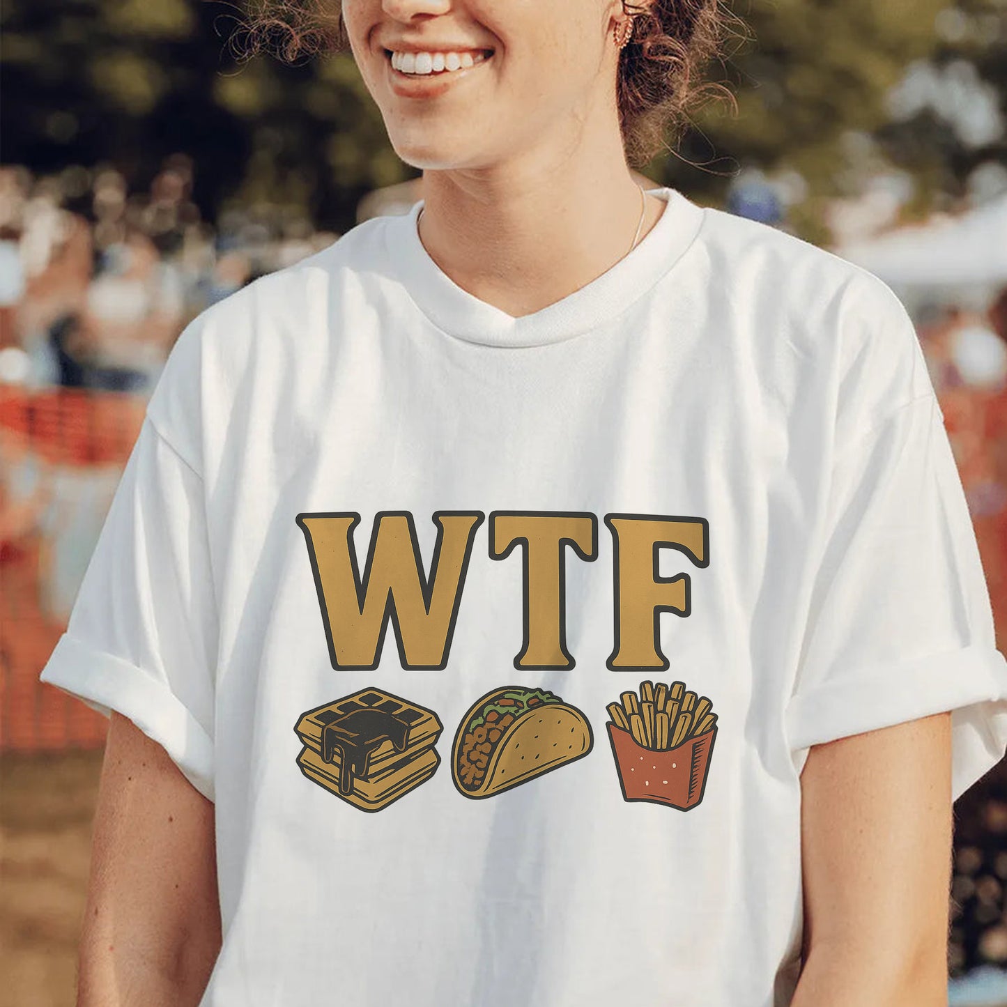 WTF Waffles Tacos Fries Funny Food T-Shirt - Trendy White Tee for Food Lovers - White - Up To 5XL