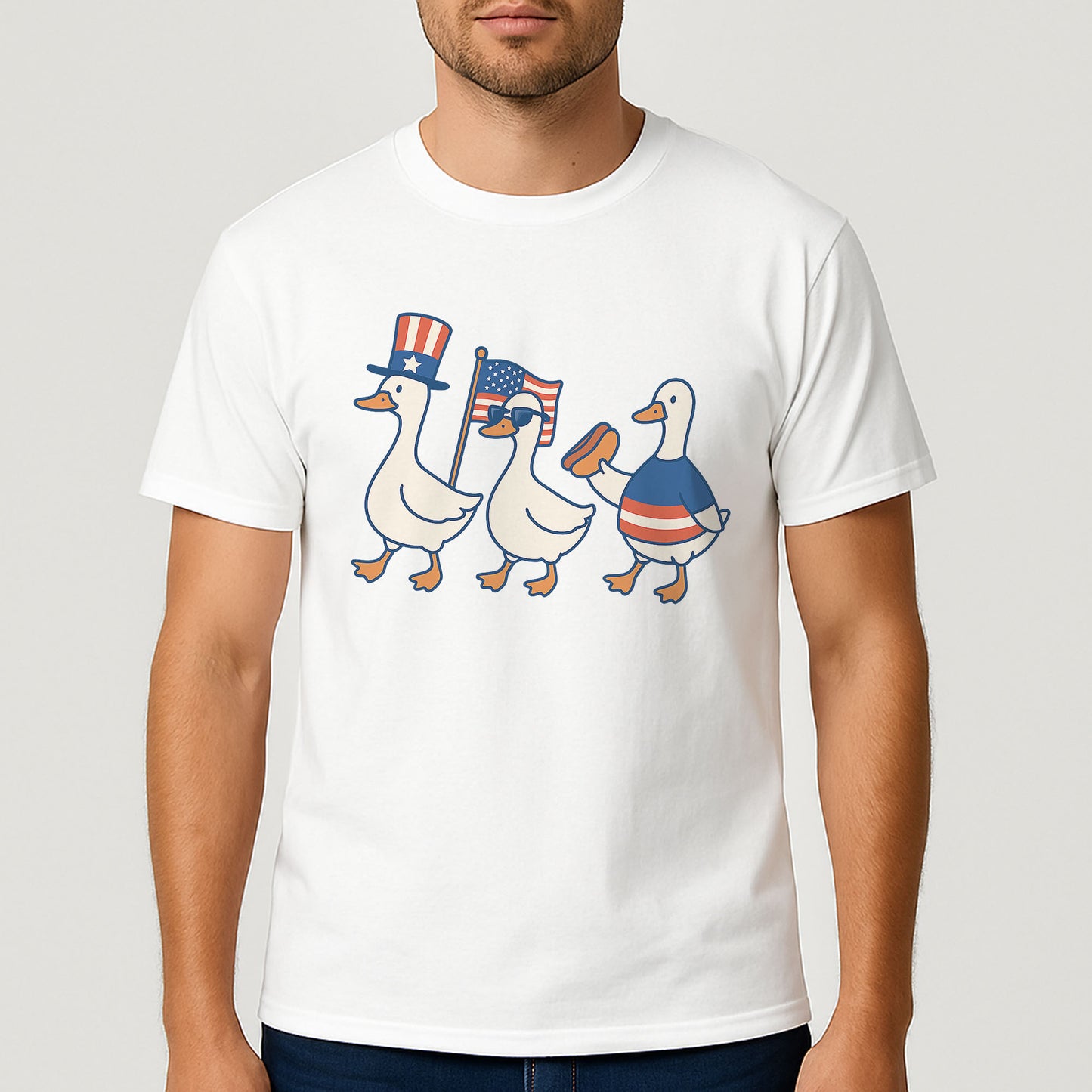 Funny Patriotic Duck T-Shirt – 4th Of July Parade Shirt With American Flag And Hot Dog – Natural Tee - Up To 5X