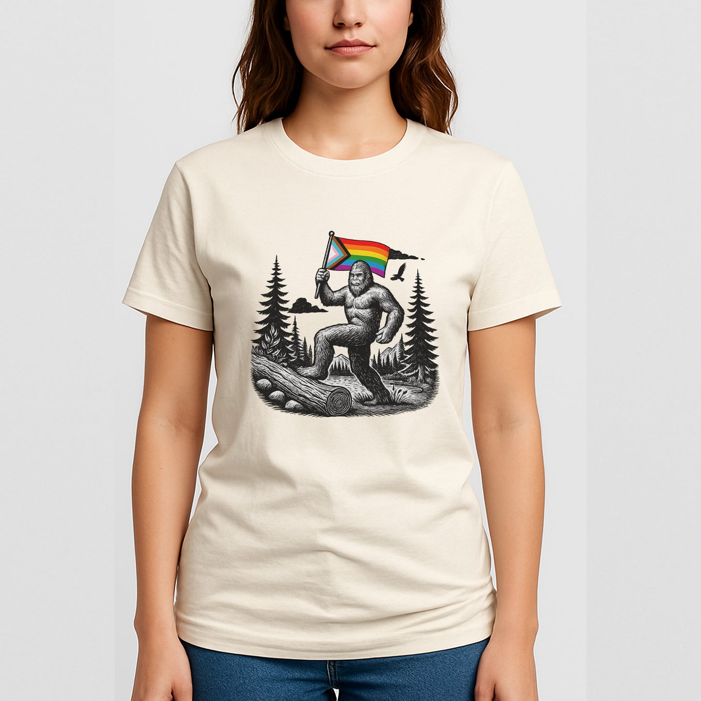 Bigfoot Pride Flag T-Shirt – Funny LGBTQ Sasquatch Gay Tee – Natural - Up To 5XL