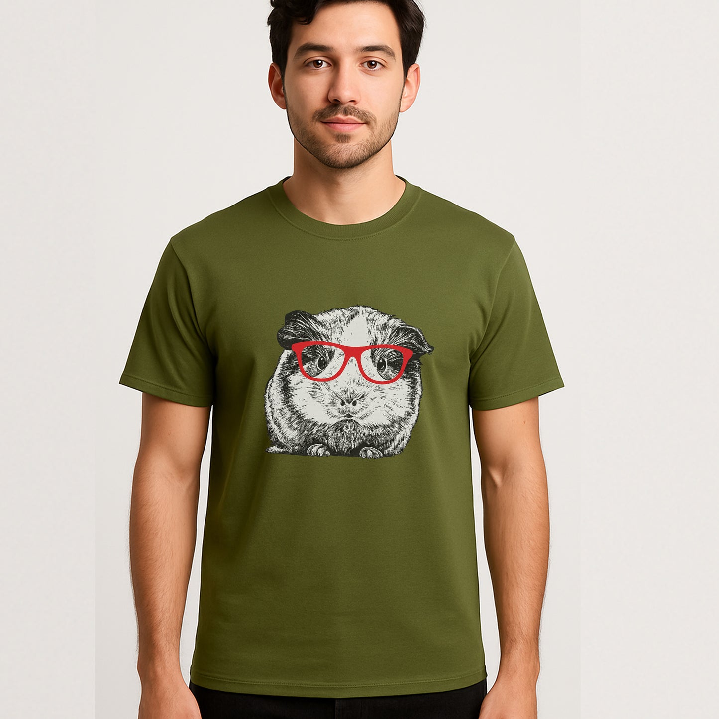 Guinea Pig With Glasses Funny Shirt – Cute Nerdy Pet Tee For Animal Lovers - Military Green- Up To 5XL