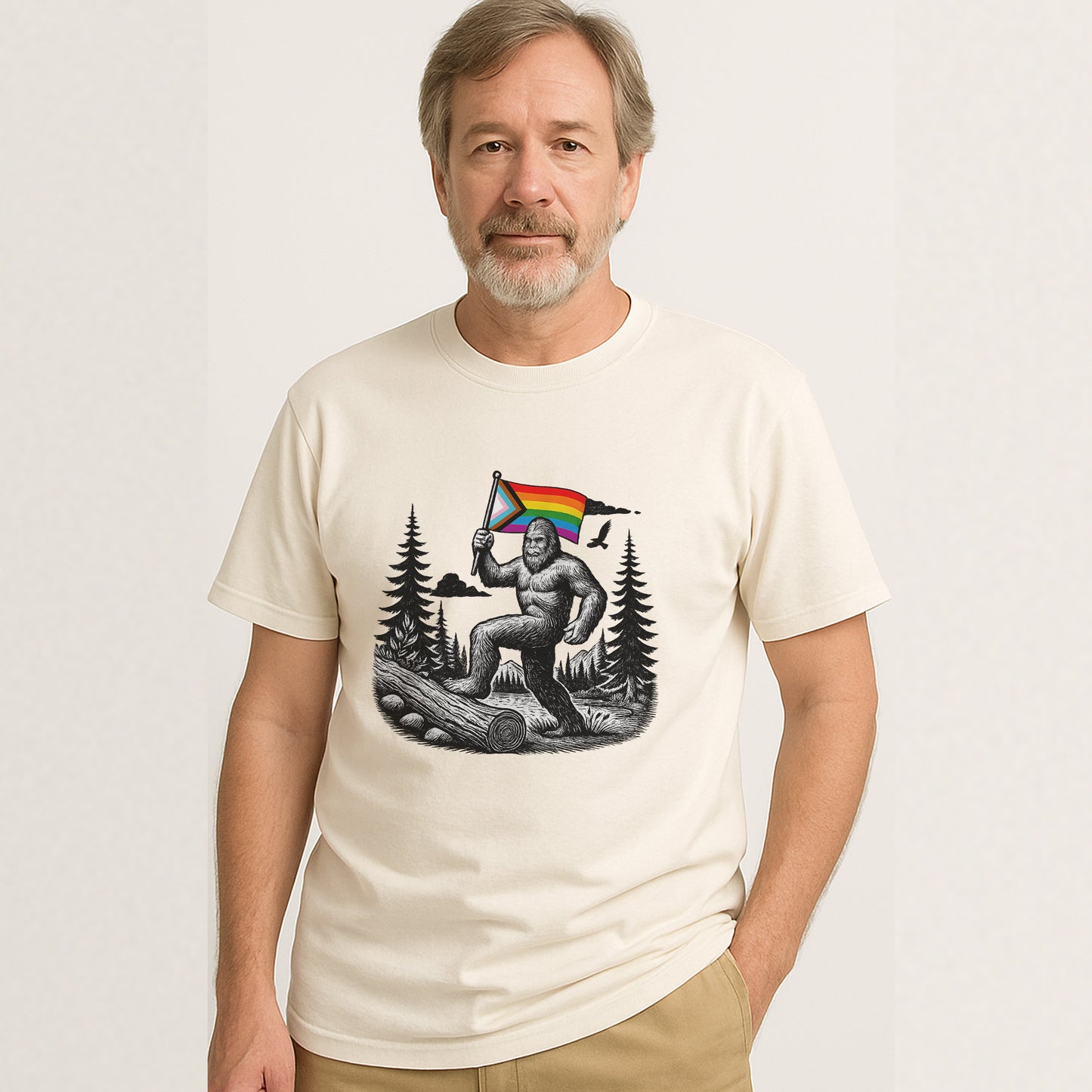 Bigfoot Pride Flag T-Shirt – Funny LGBTQ Sasquatch Gay Tee – Natural - Up To 5XL