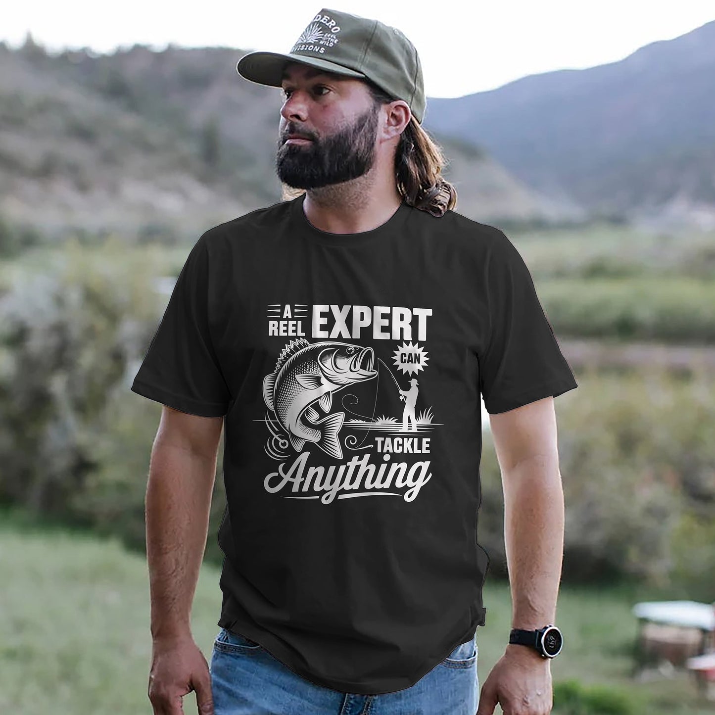 Fishing Bass Shirt - A Reel Expert Can Tackle Anything Graphic Tee - Funny Fisherman Gift– Black – Up To 5XL