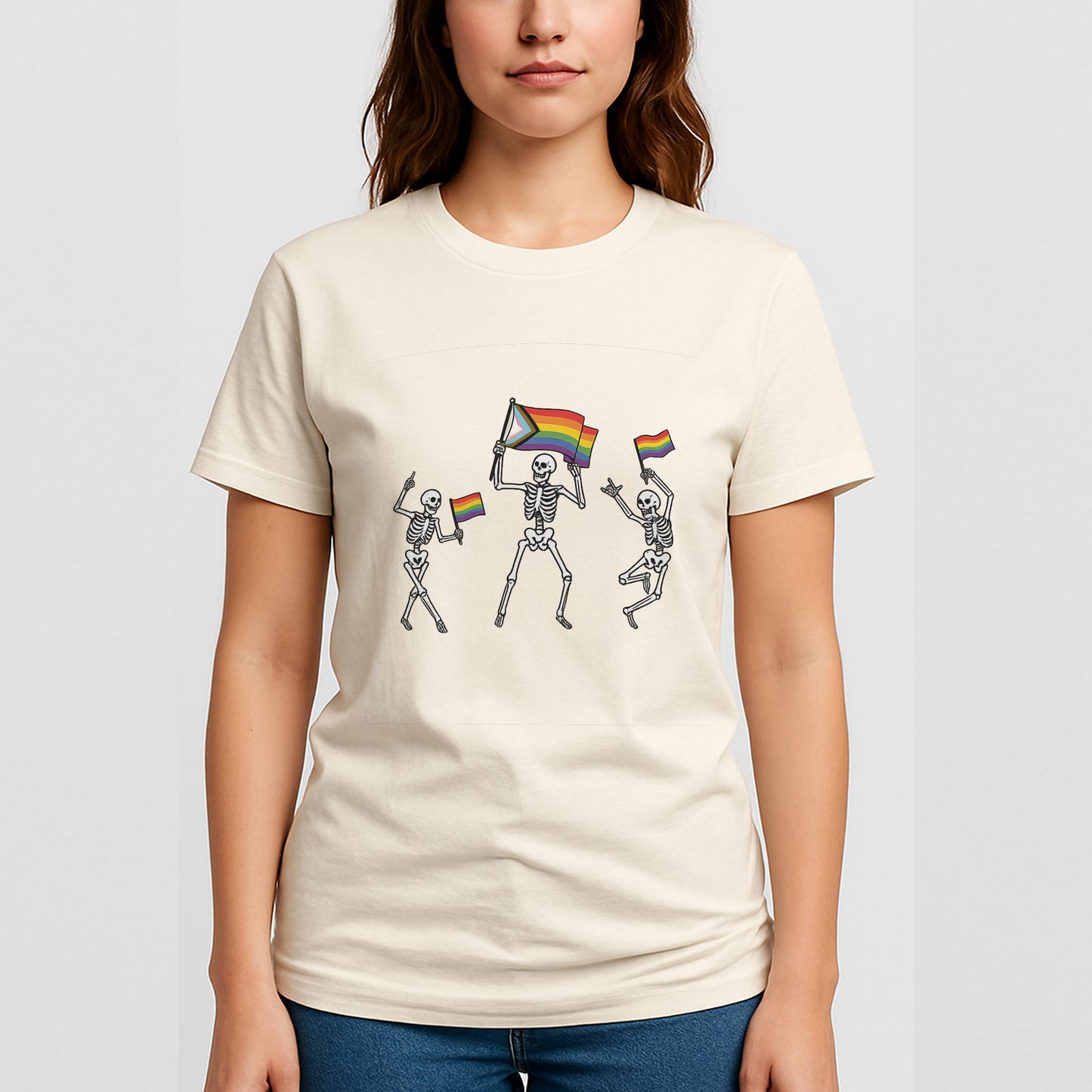 Dancing Skeleton Pride Month T-Shirt – Funny LGBTQ Pride Mens Shirts – Natural - Up To 5XL