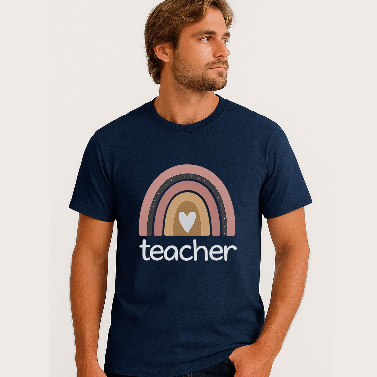 Boho Rainbow Teacher T-Shirt – Funny Teacher T Shirts– Navy - Up To 5XL