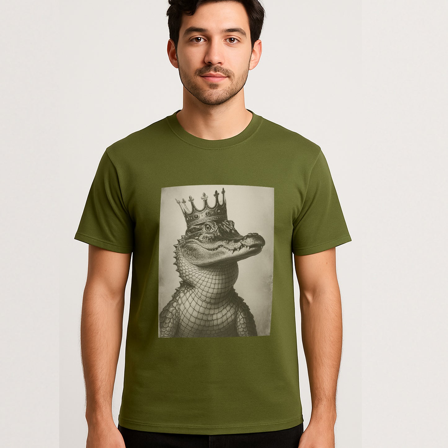 Croc King T-Shirt – Funny Royal Alligator Tee - Military Green - Up To 5XL