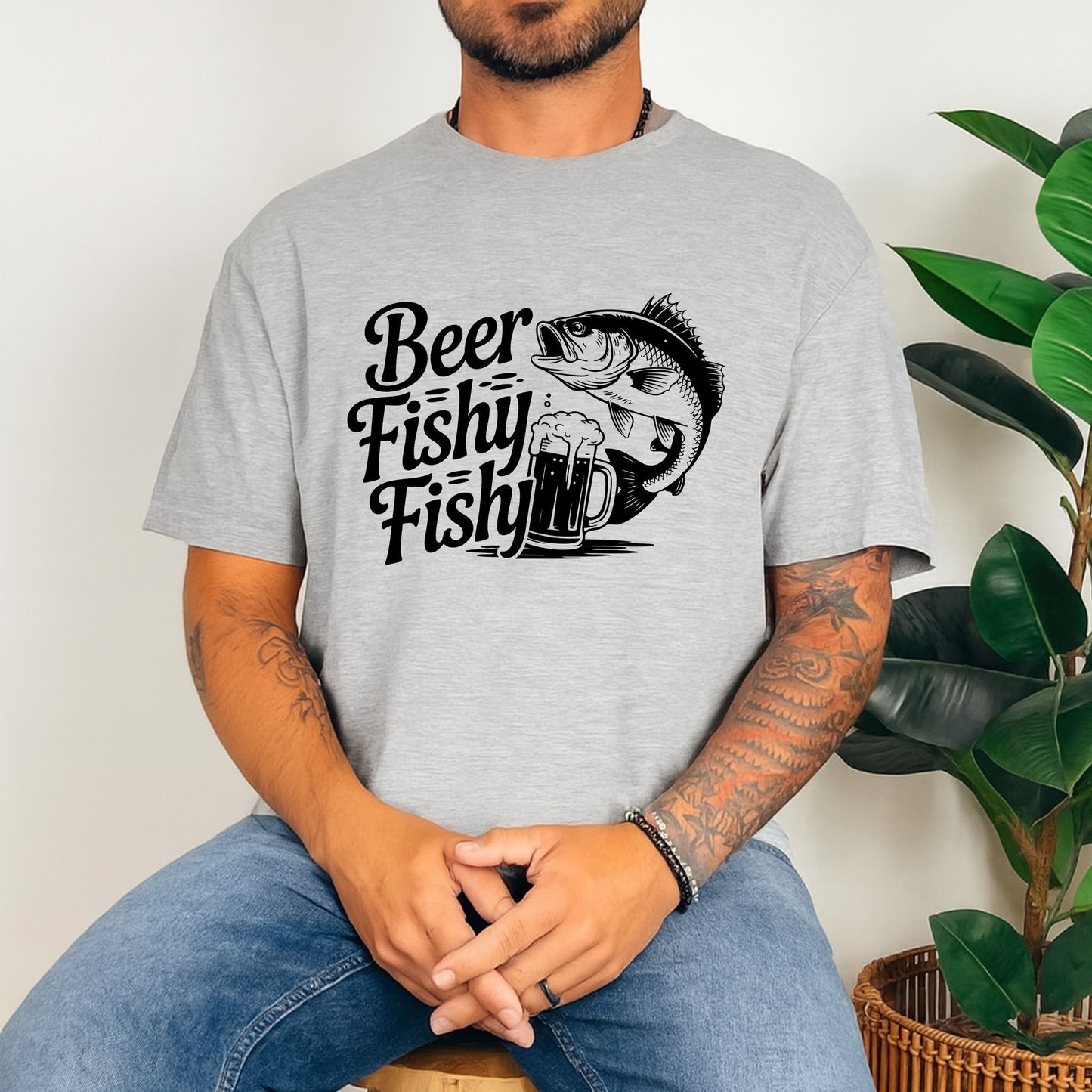 Funny Fishing Shirt - Beer Fishy Fishy Graphic Tee - Fisherman & Beer Lover Gift – Sport Grey – Up To 5XL