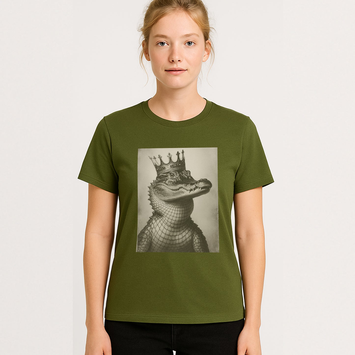 Croc King T-Shirt – Funny Royal Alligator Tee - Military Green - Up To 5XL