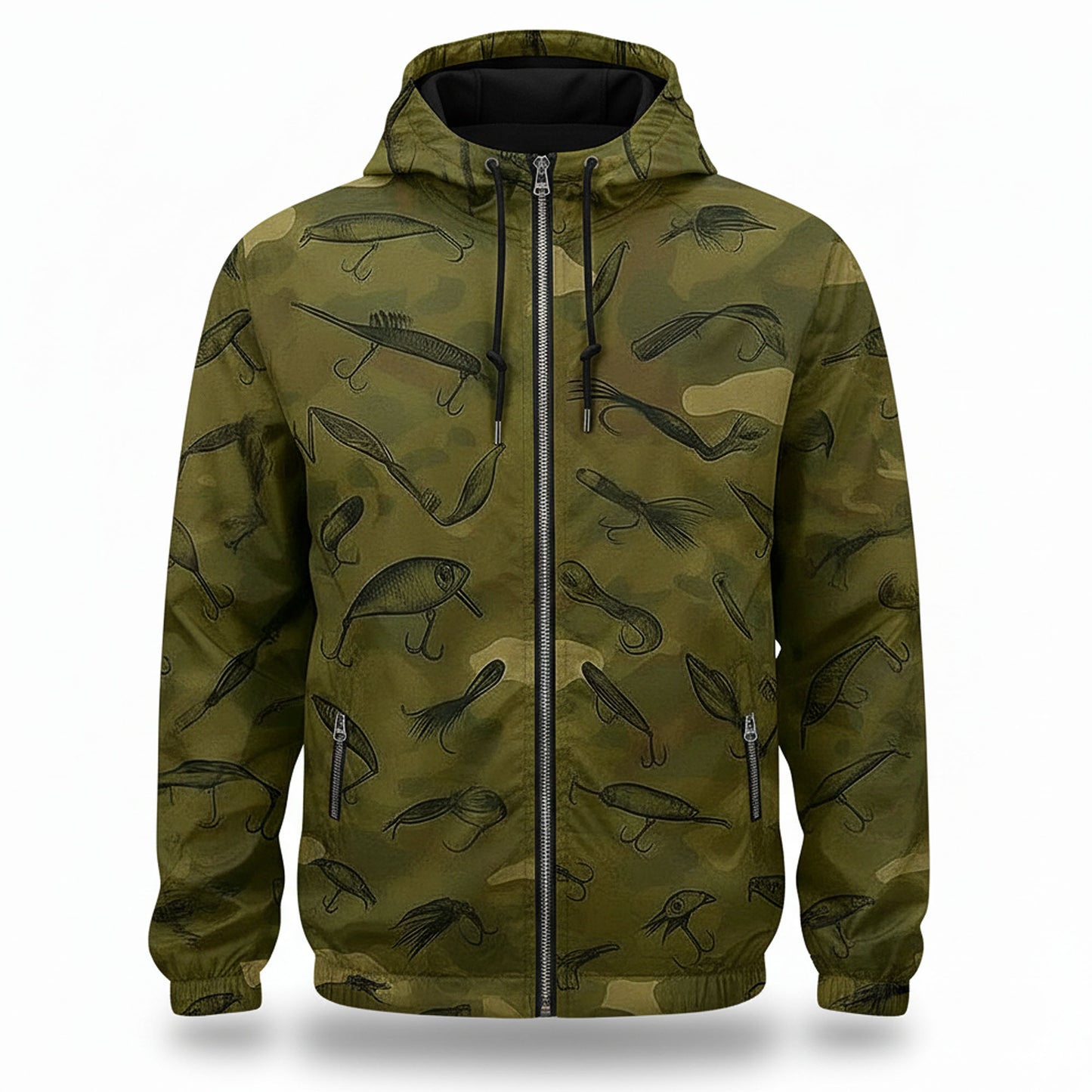 Camouflage Fishing Lure Windbreaker Jacket – Lightweight Hooded Outdoor Jacket for Men