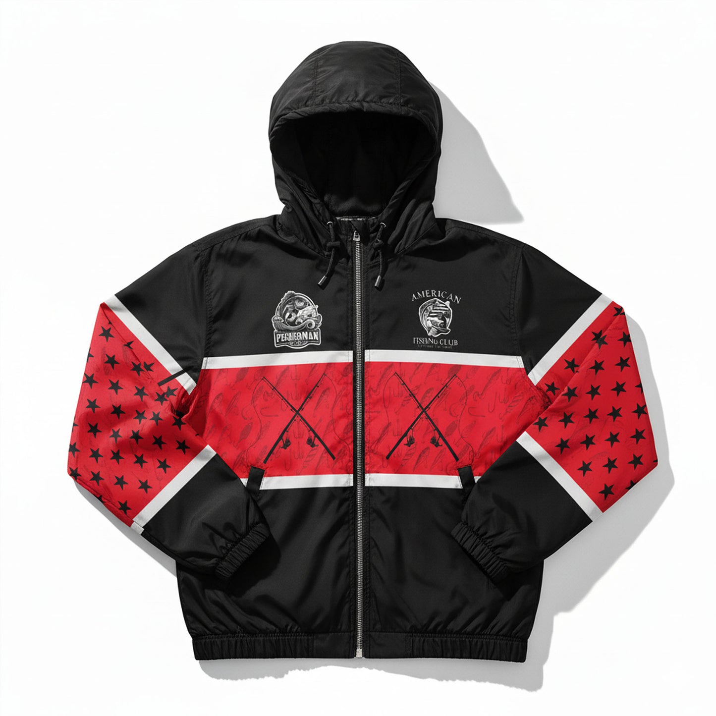 American Fishing Club Windbreaker Jacket – Red & Black Fisherman Edition | Lightweight Hooded Outdoor Jacket for Men