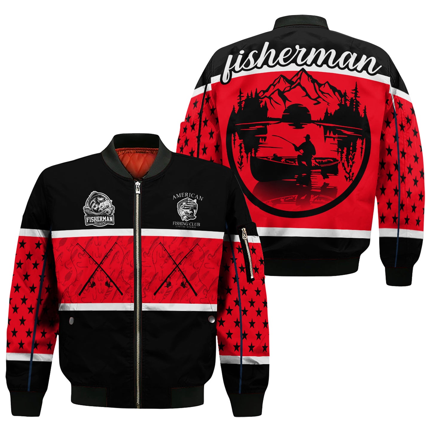 Fisherman Bomber Jacket – American Fishing Club Edition | Red & Black Outdoor Fishing Jacket for Men