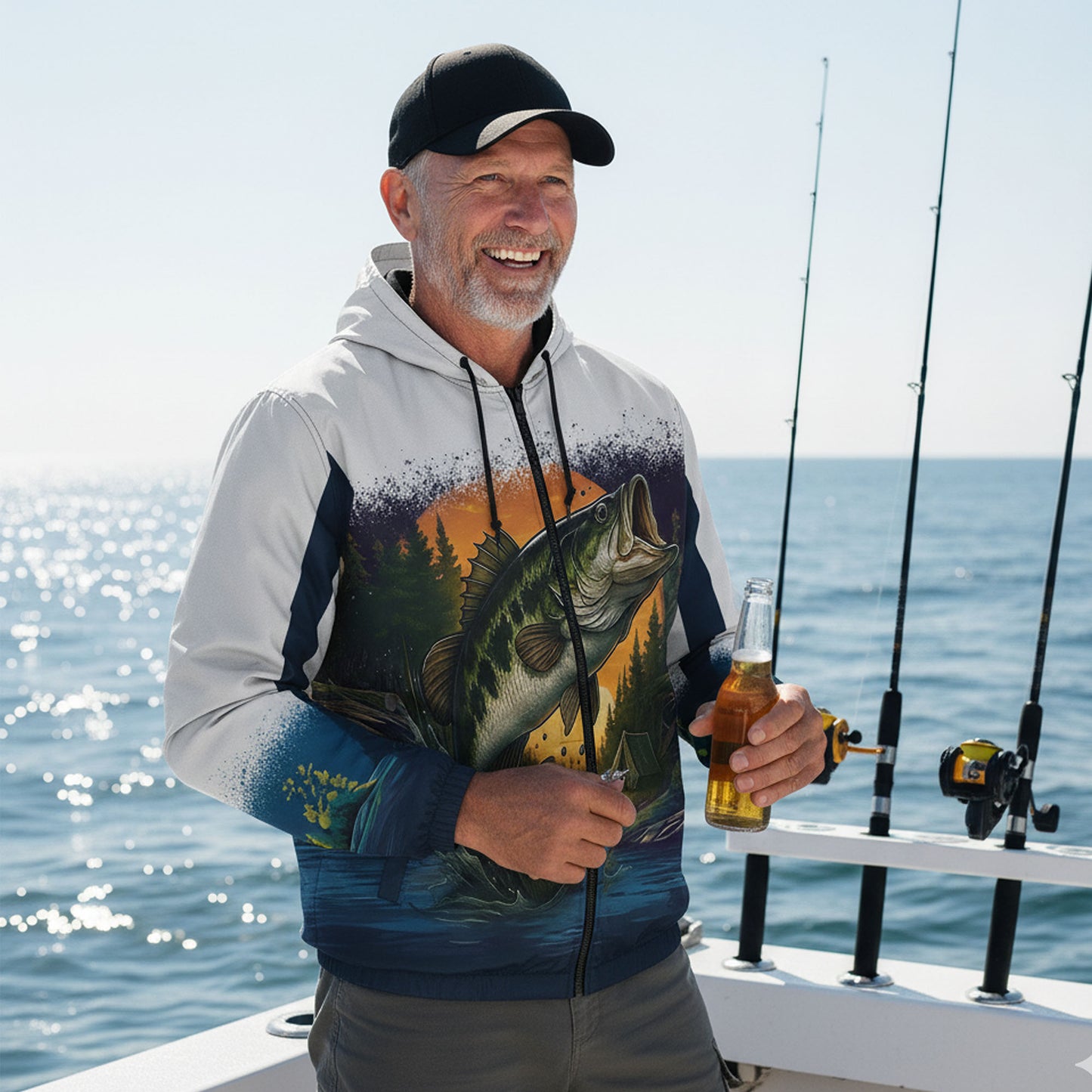 Largemouth Bass Windbreaker Jacket – Sunrise Fishing Edition | Lightweight Hooded Fishing Jacket for Men