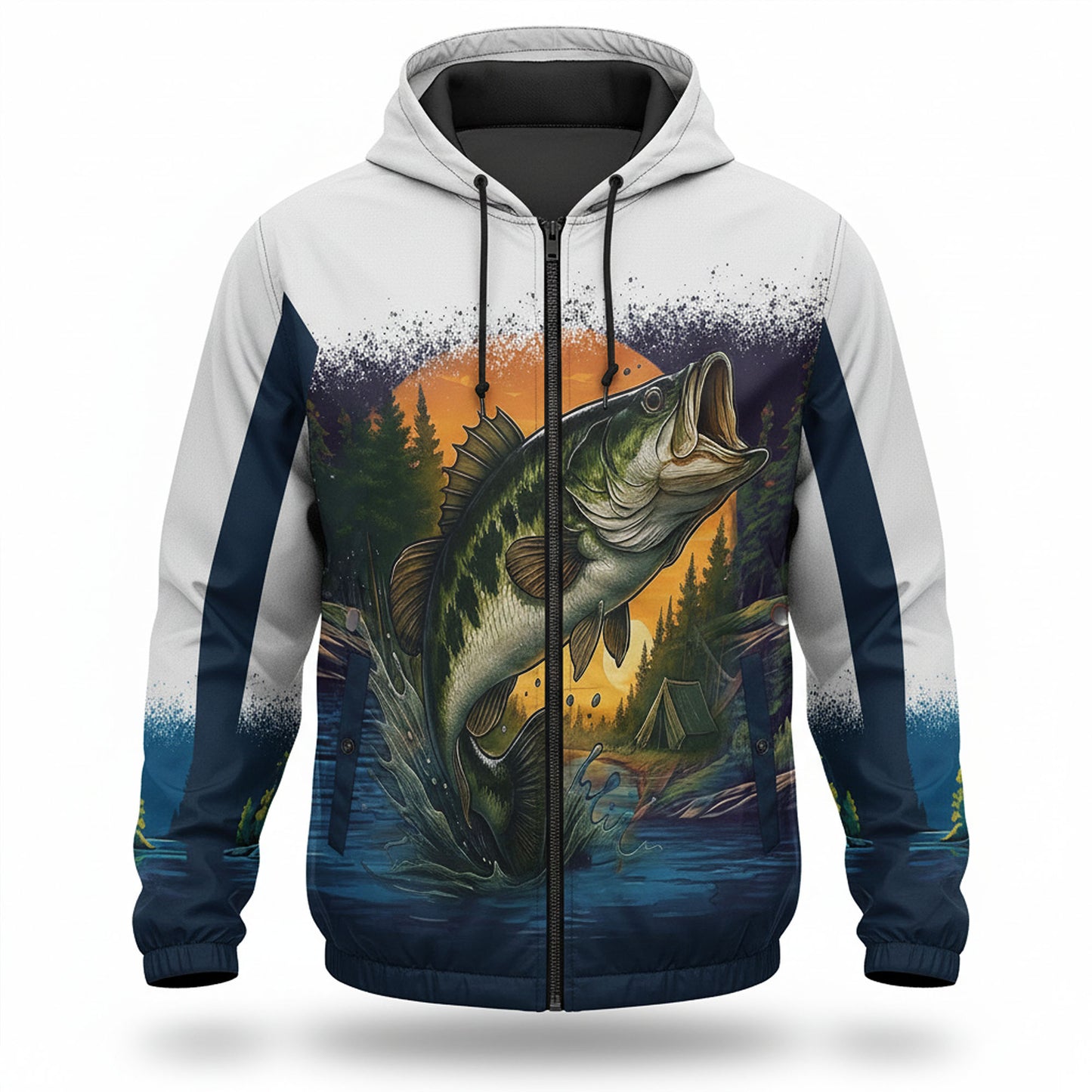 Largemouth Bass Windbreaker Jacket – Sunrise Fishing Edition | Lightweight Hooded Fishing Jacket for Men