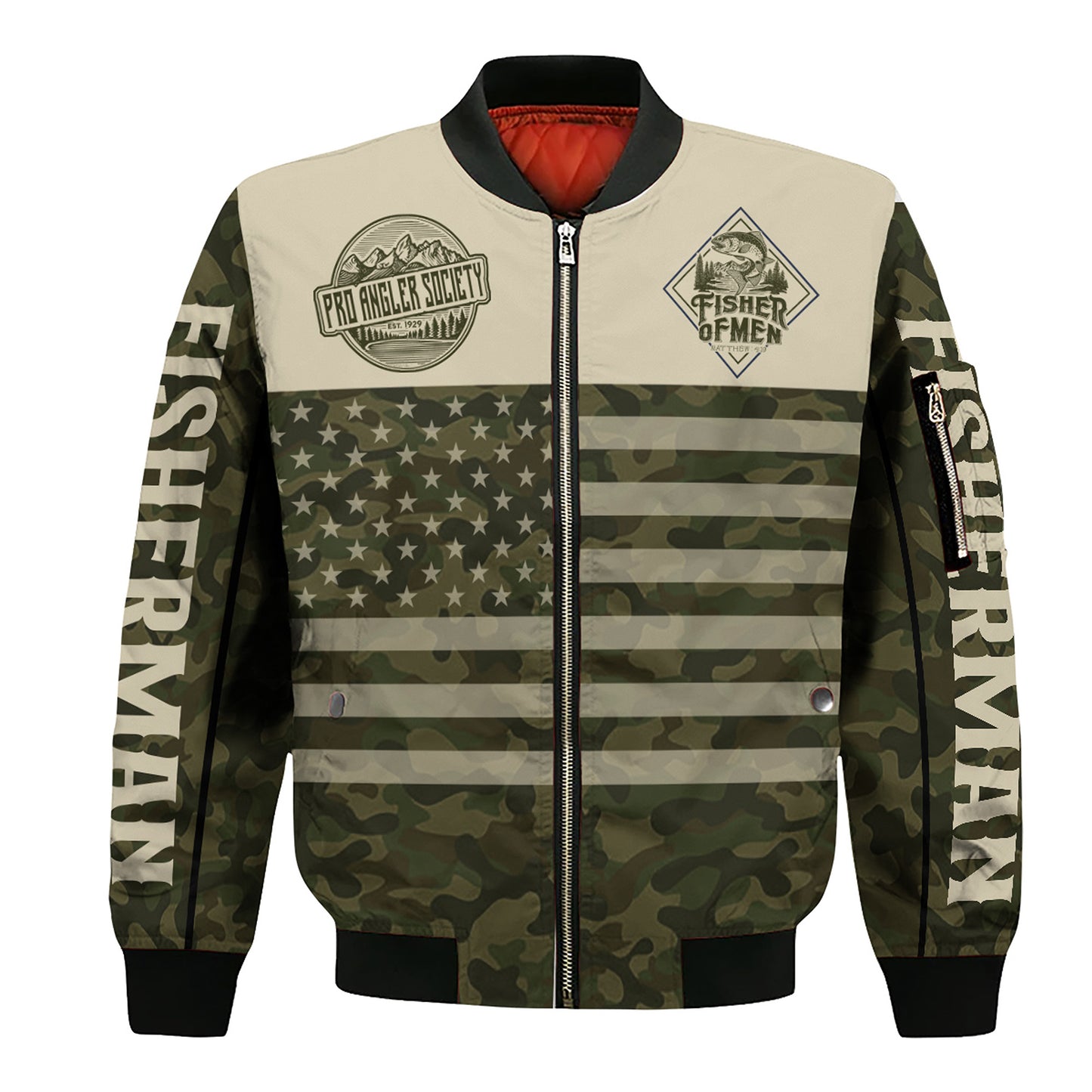 Christian Fisherman Bomber Jacket – “Come Follow Me” Camo Edition | Faith & Fishing Apparel for Men