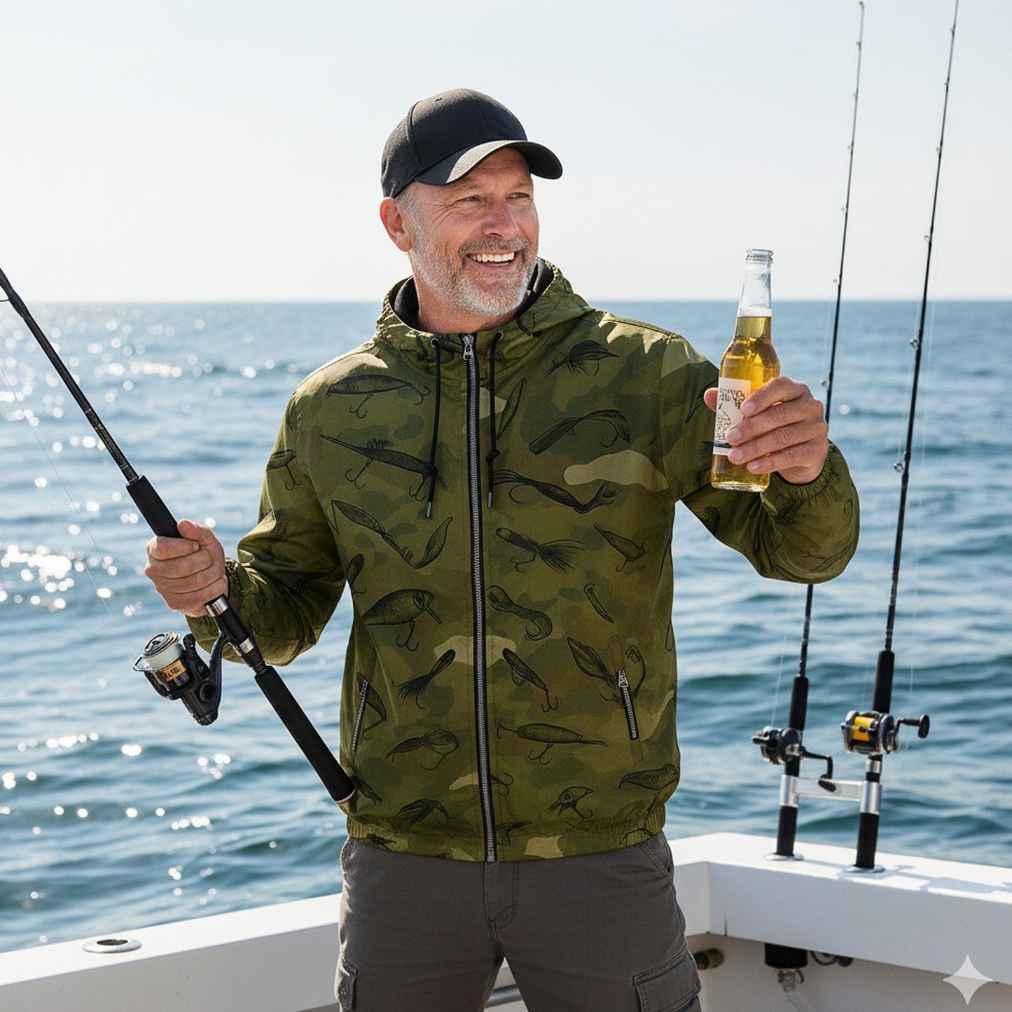 Camouflage Fishing Lure Windbreaker Jacket – Lightweight Hooded Outdoor Jacket for Men