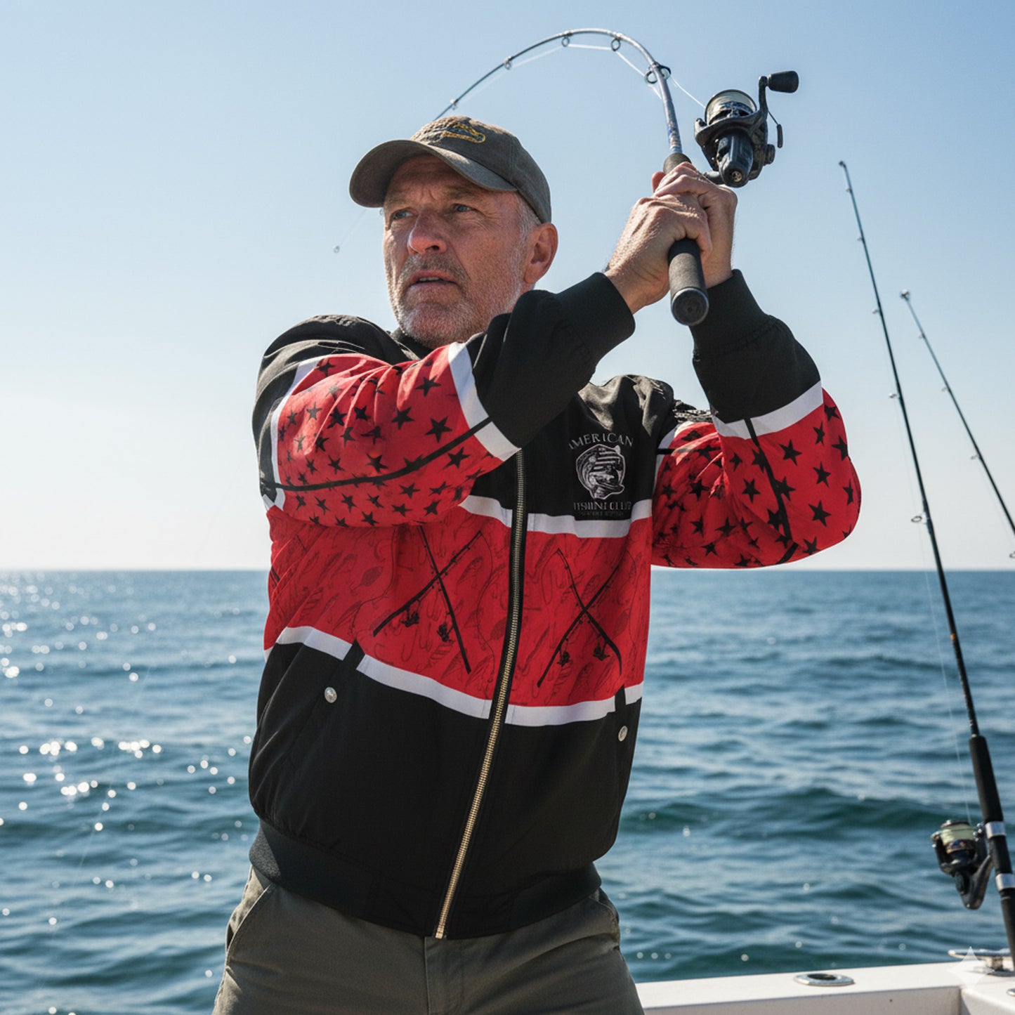 Fisherman Bomber Jacket – American Fishing Club Edition | Red & Black Outdoor Fishing Jacket for Men
