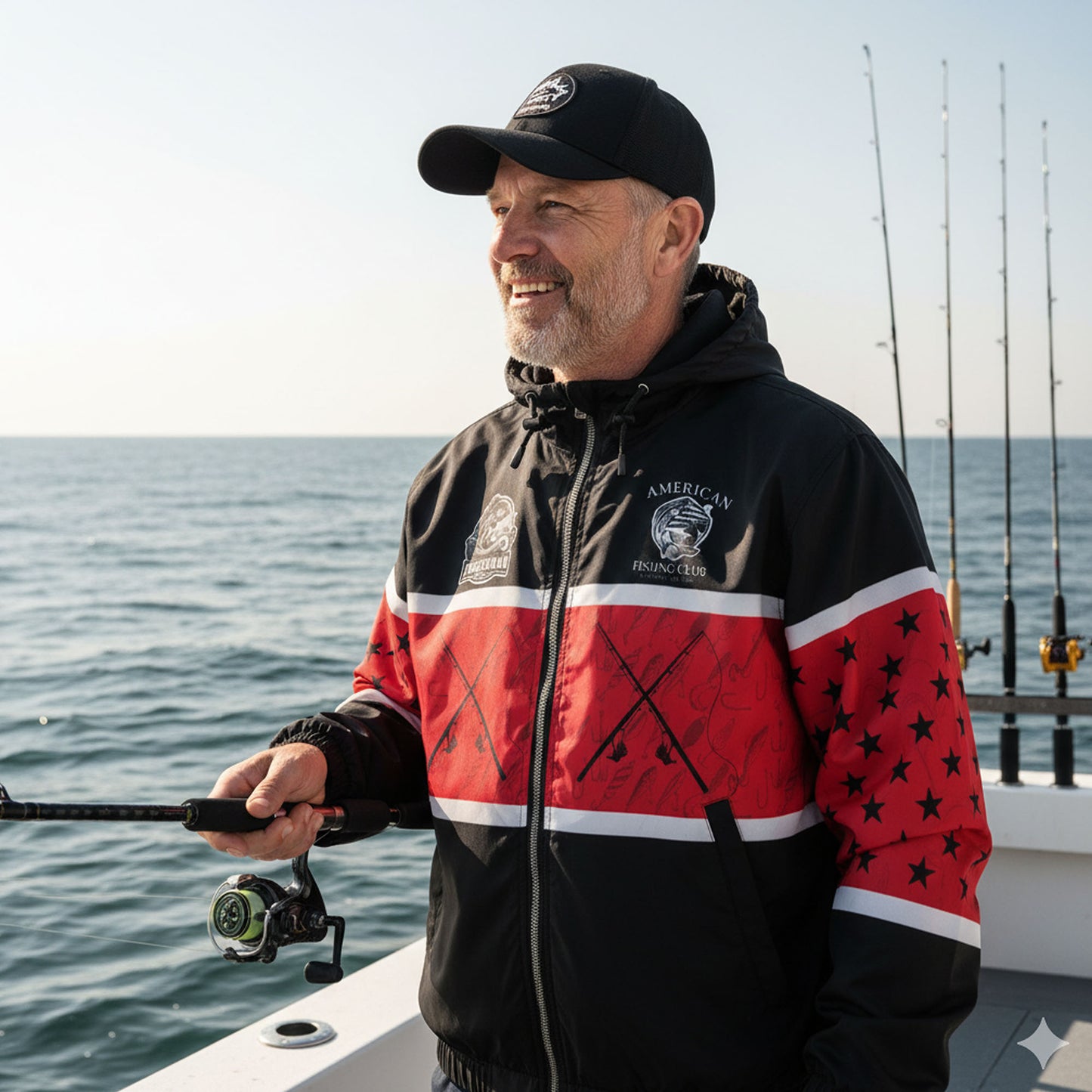 American Fishing Club Windbreaker Jacket – Red & Black Fisherman Edition | Lightweight Hooded Outdoor Jacket for Men