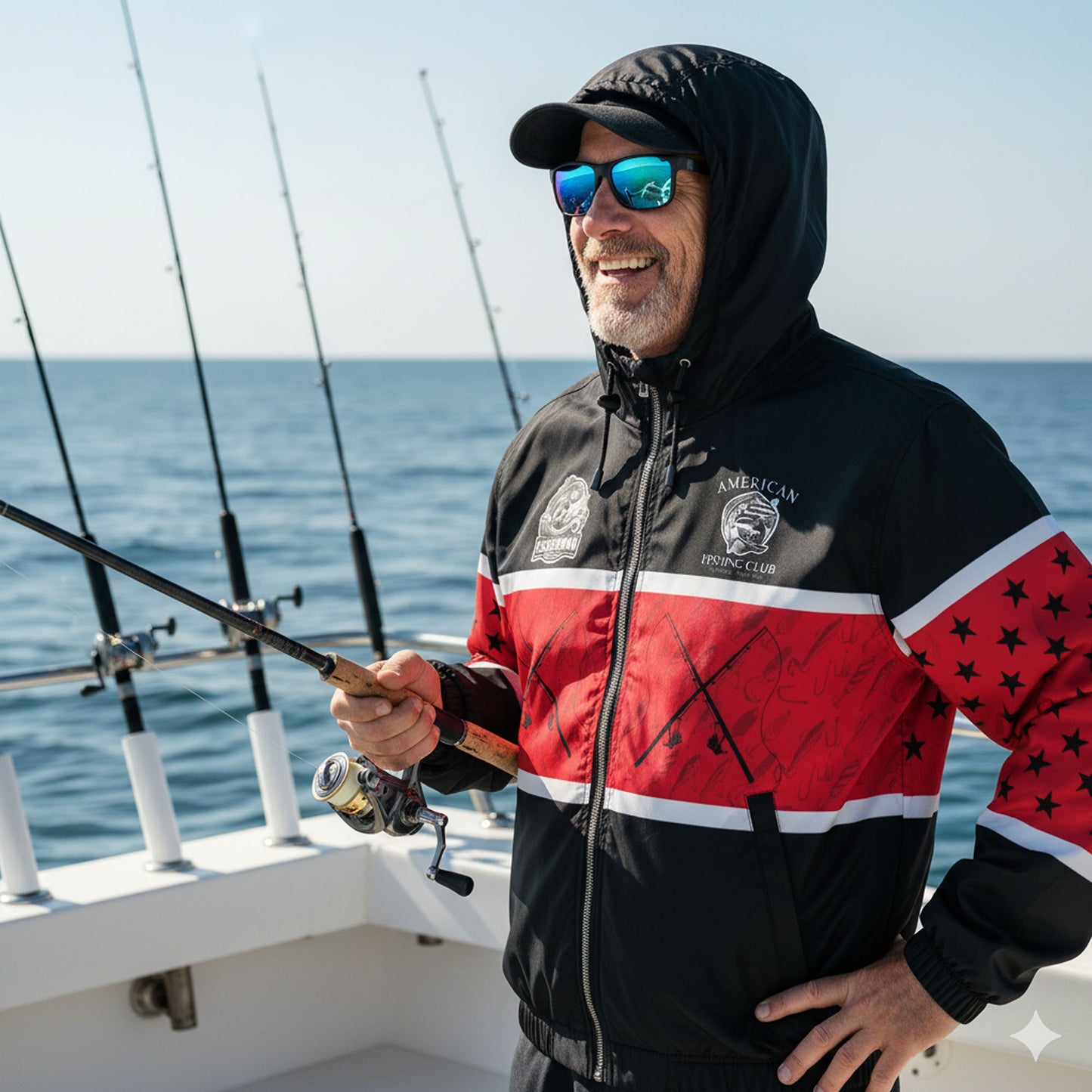 American Fishing Club Windbreaker Jacket – Red & Black Fisherman Edition | Lightweight Hooded Outdoor Jacket for Men