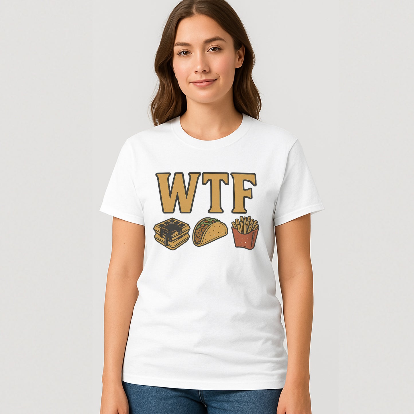 WTF Waffles Tacos Fries Funny Food T-Shirt - Trendy White Tee for Food Lovers - White - Up To 5XL