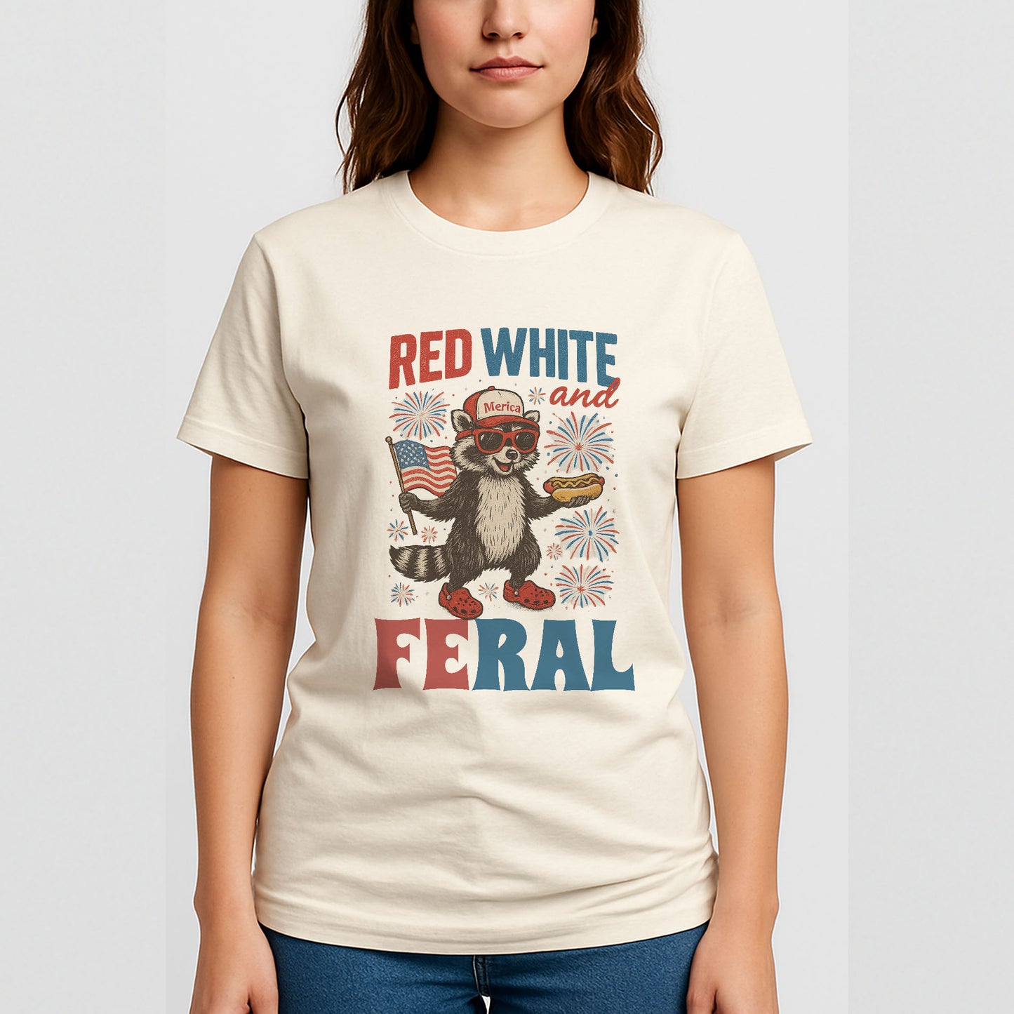 Red White and Feral Raccoon Shirt – Funny 4th of July 'Merica Tee for Chaos Lovers – Natural Tee - Up To 5X