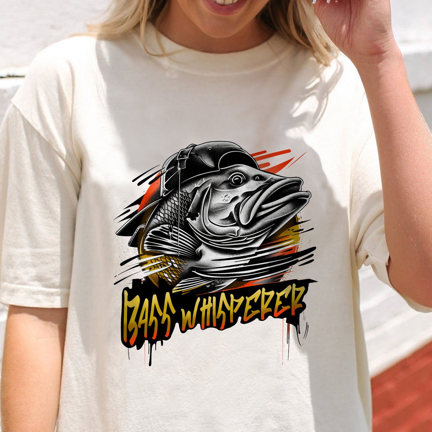 Bass Fishing Shirt - Bass Whisperer Graphic Tee - Funny Angler Gift for Fishermen – Natural – Up To 5XL