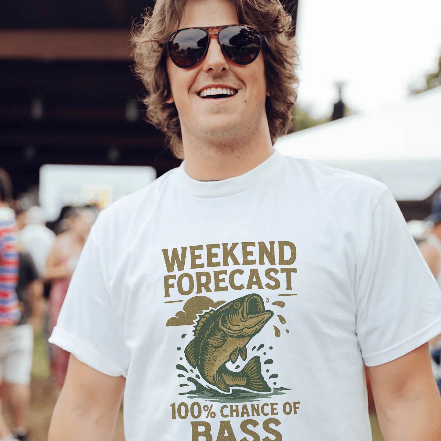 Weekend Forecast 100% Chance Of Bass White T-Shirt - Funny Fishing Shirt For Anglers - White - Up To 5XL