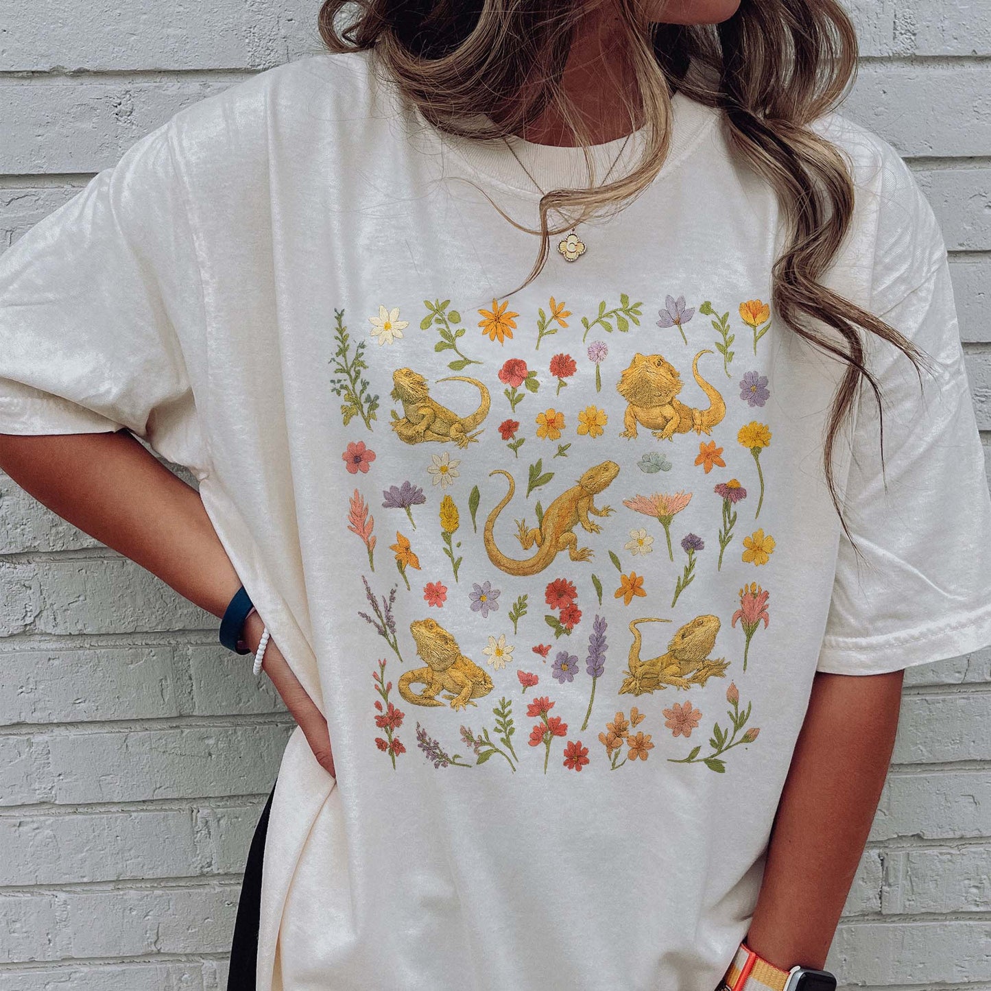 Cottagecore Bearded Dragon T-Shirt – Cute Floral Lizard Tee For Reptile Lovers - Natural - Up To 5XL