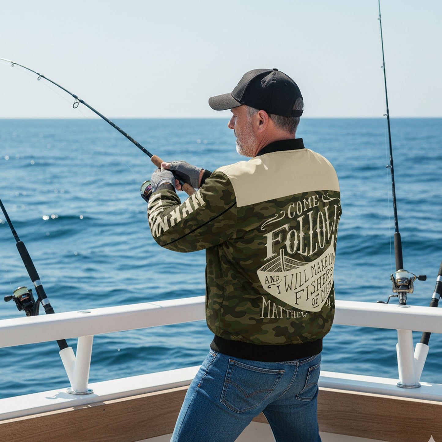 Christian Fisherman Bomber Jacket – “Come Follow Me” Camo Edition | Faith & Fishing Apparel for Men