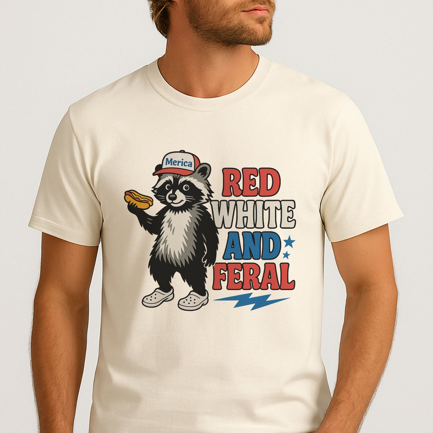 Red White and Feral Raccoon Shirt – Funny ‘Merica 4th of July Meme Shirts – Natural Tee - Up To 5X