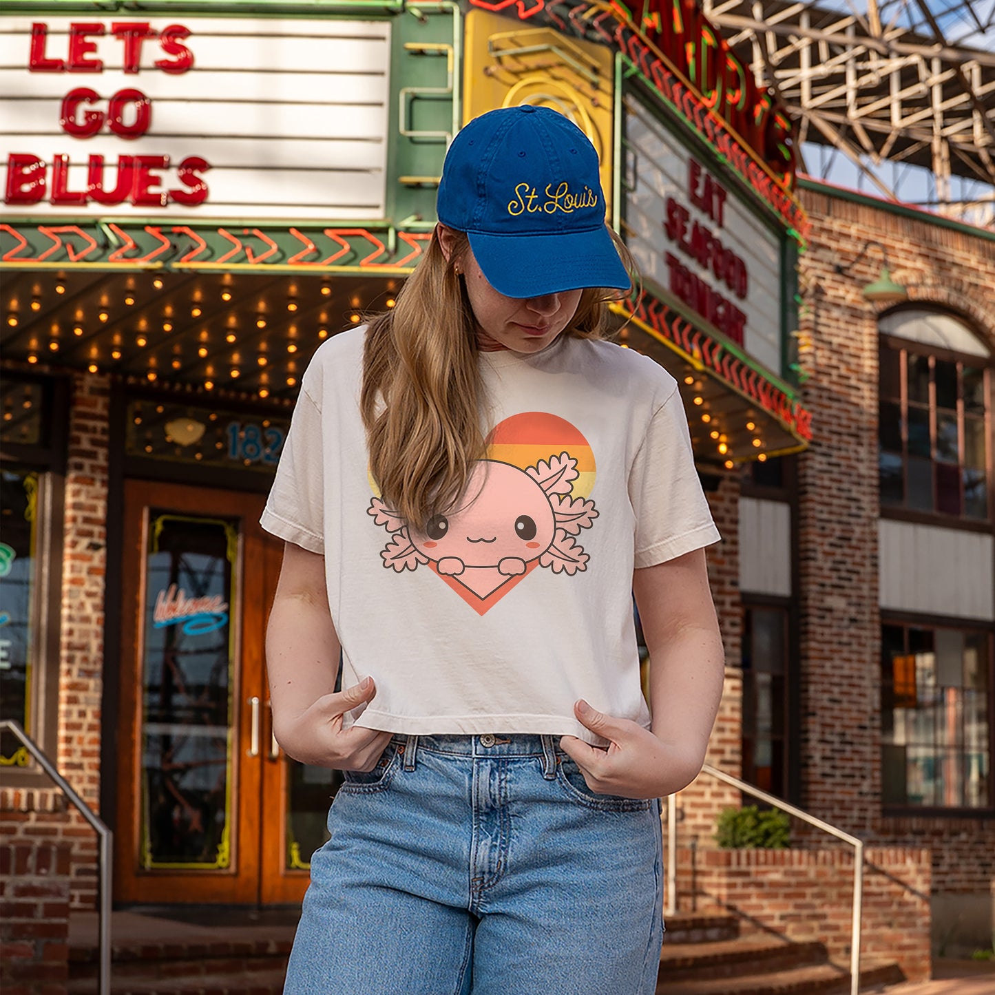 Axolotl Heart T-Shirt – Kawaii Axolotl Retro Sunset Tee - Natural - Up To 5XL