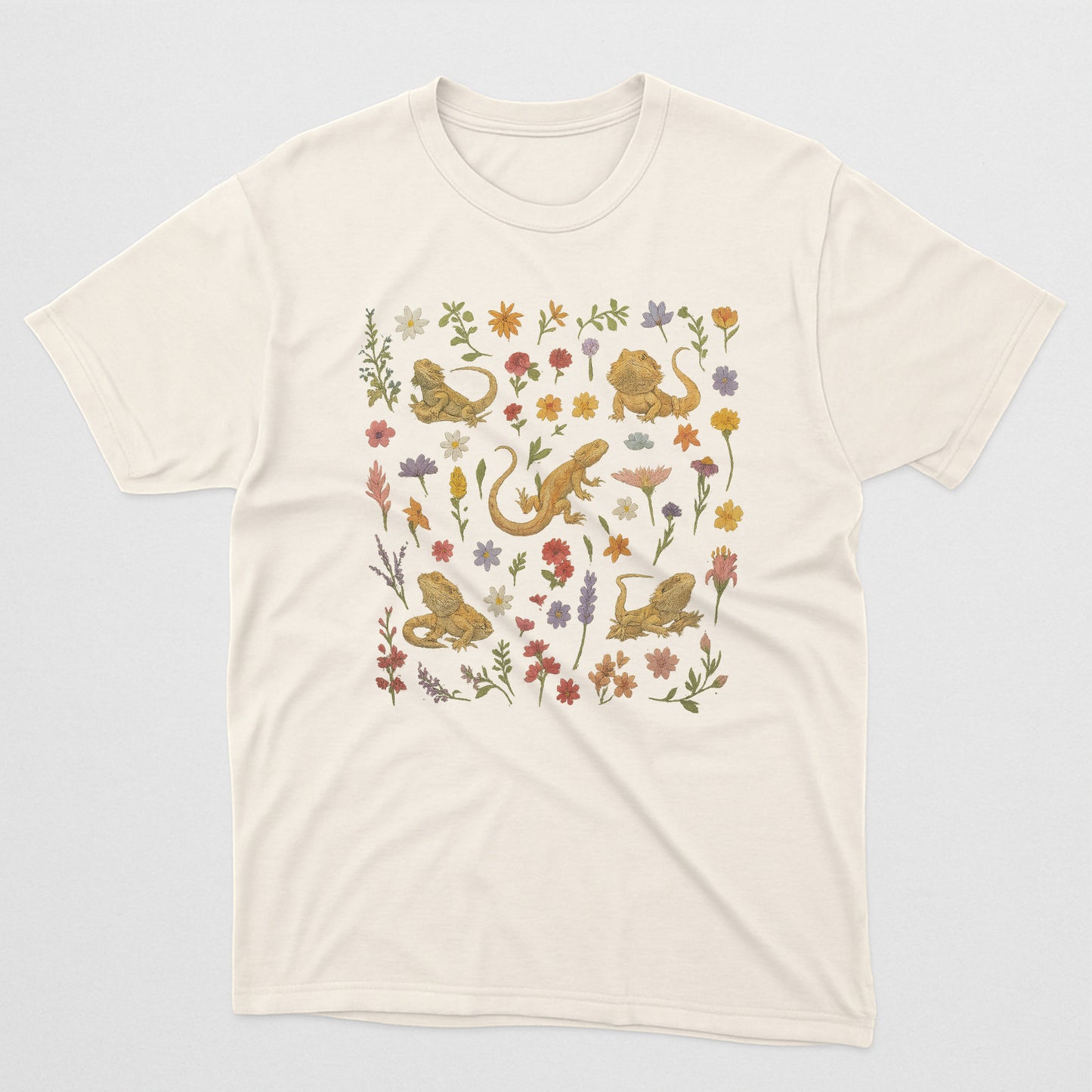Cottagecore Bearded Dragon T-Shirt – Cute Floral Lizard Tee For Reptile Lovers - Natural - Up To 5XL