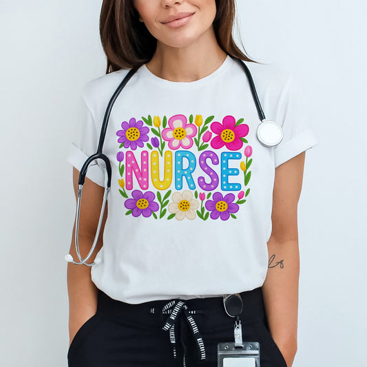 Floral Nurse T-Shirt - Gift Tees For Nurse- White- Up To 5XL