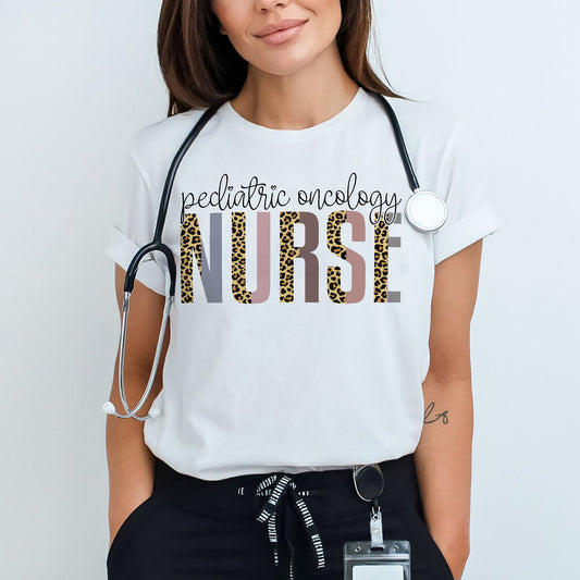 Pediatric Oncology Nurse T-Shirt  - Cute Leopard Design For Nursing Tee- White - Up To 5XL
