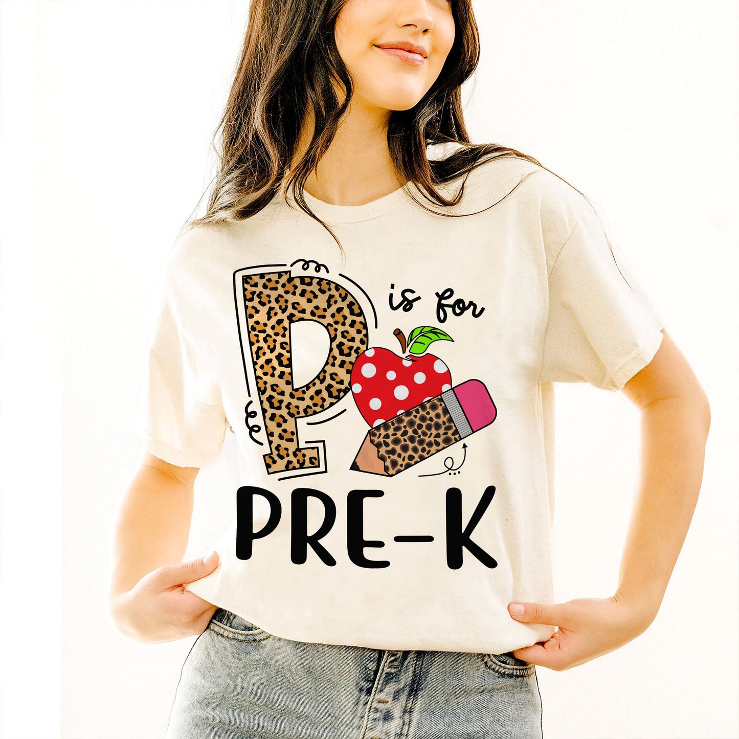 P is for Pre-K T-Shirt – Cute Preschool Teacher & Student Tee -  Funny Shirt For Teacher - Natural - Up To 5XL