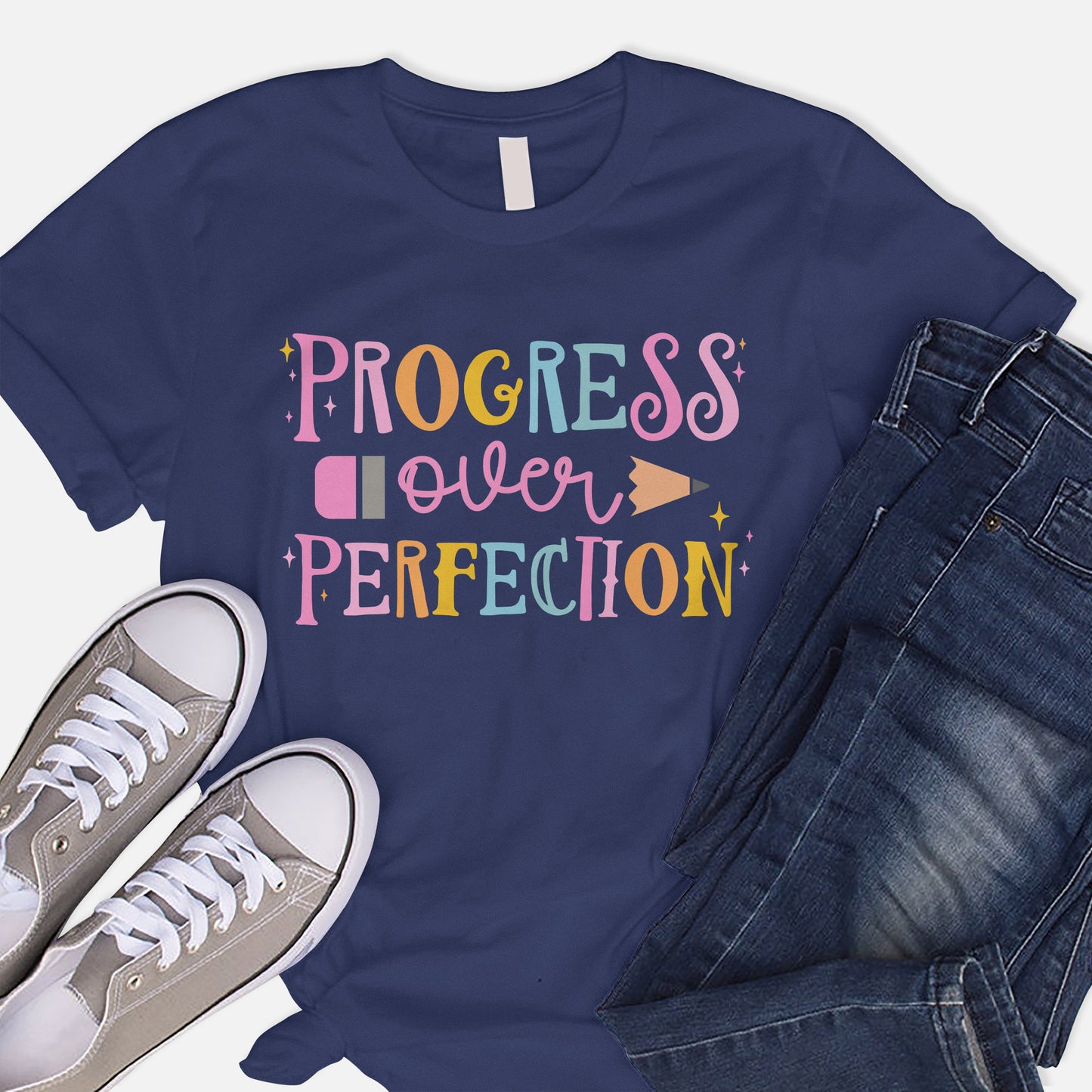 Progress Over Perfection T-Shirt -  Funny Shirt For Teacher - Navy - Up To 5XL