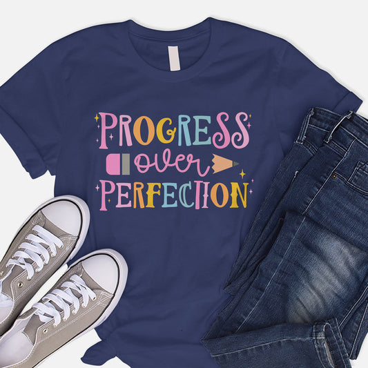 Progress Over Perfection T-Shirt -  Funny Shirt For Teacher - Navy - Up To 5XL