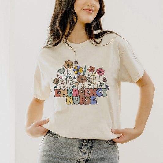 Funny Shirt For Nurse - Vintage Floral Emergency Nurse Tee - Natural- Up To 5XL