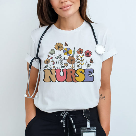 Funny Tees For Nurse - Floral Vintage Profession - Inspired Graphic Tee - White - Up To 5XL