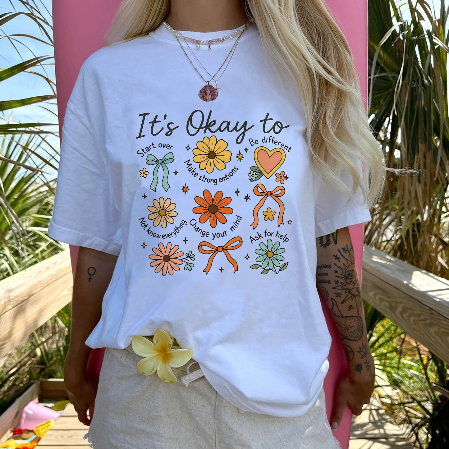 It’s Okay To Boho Floral T-Shirt  -  Funny Shirt For Teacher - White- Up To 5XL