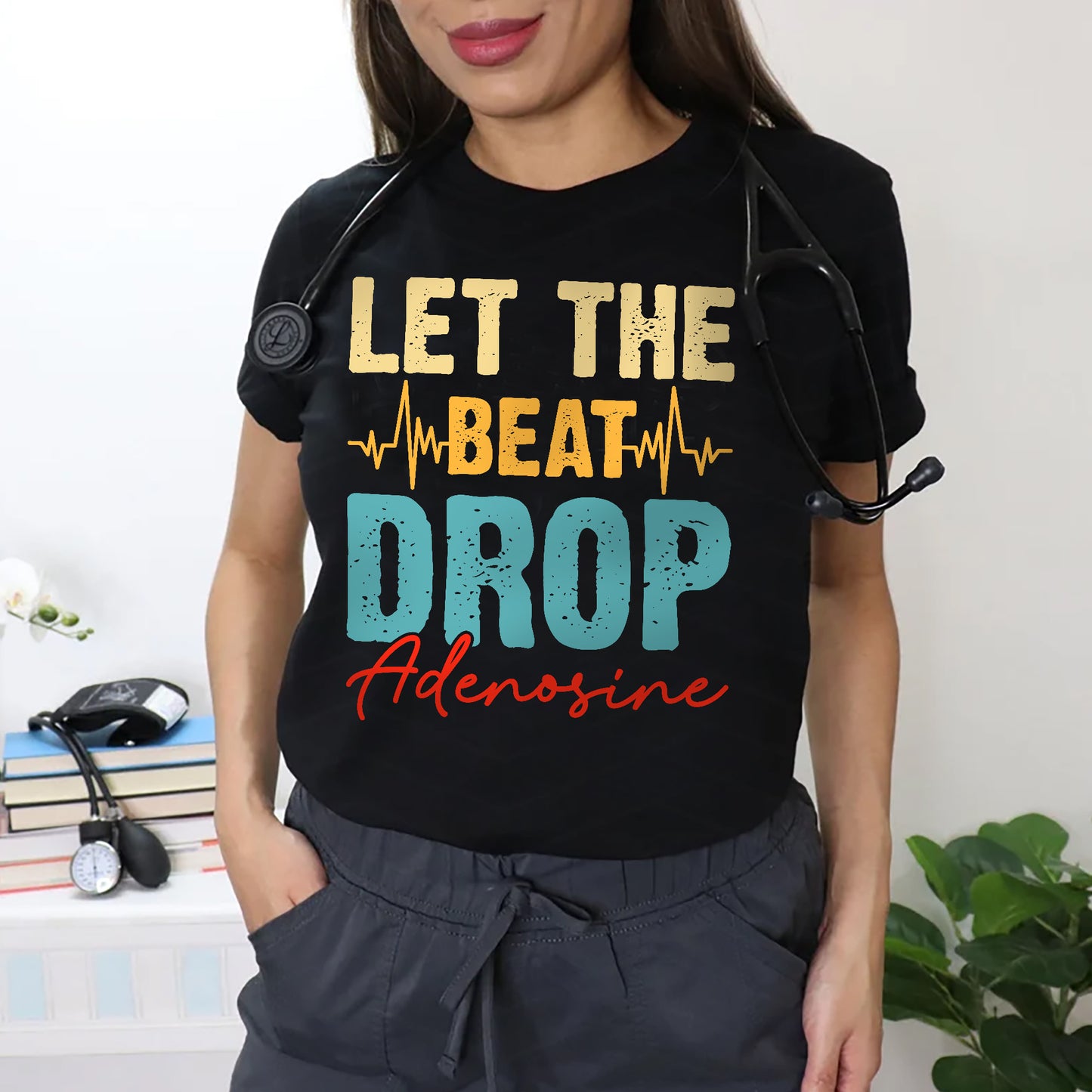 Let The Beat Drop Adenosine T-Shirt - Funny Tees For ICU, ER Nurse - Black - Up To 5XL