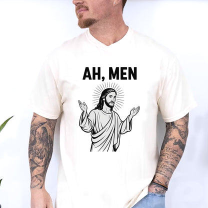 Ah Men – Funny Jesus Wordplay Christian T-Shirt   -  Funny Jesus Shirt For Christians- White- Up To 5XL