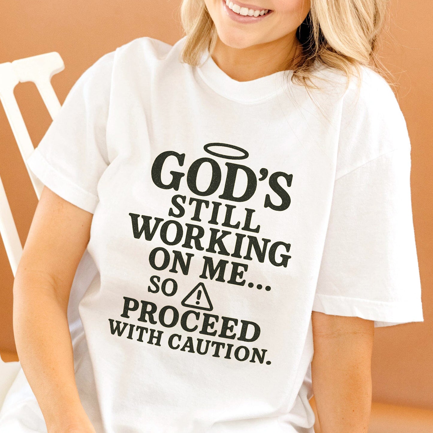 God’s Still Working On Me So Proceed With Caution T-Shirt   -  Funny Jesus Shirt For Christians- White- Up To 5XL