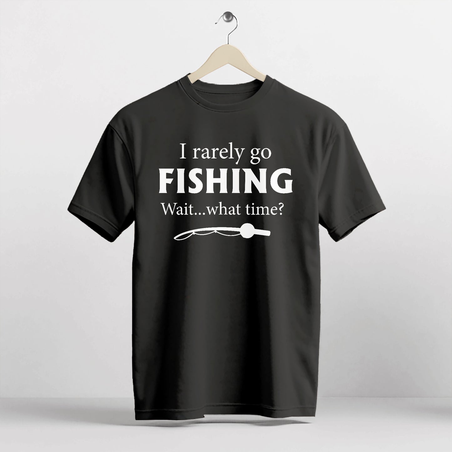 I Rarely Go Fishing Shirt – Wait What Time? Tee – Funny Fisherman Humor – Black – Up To 5XL