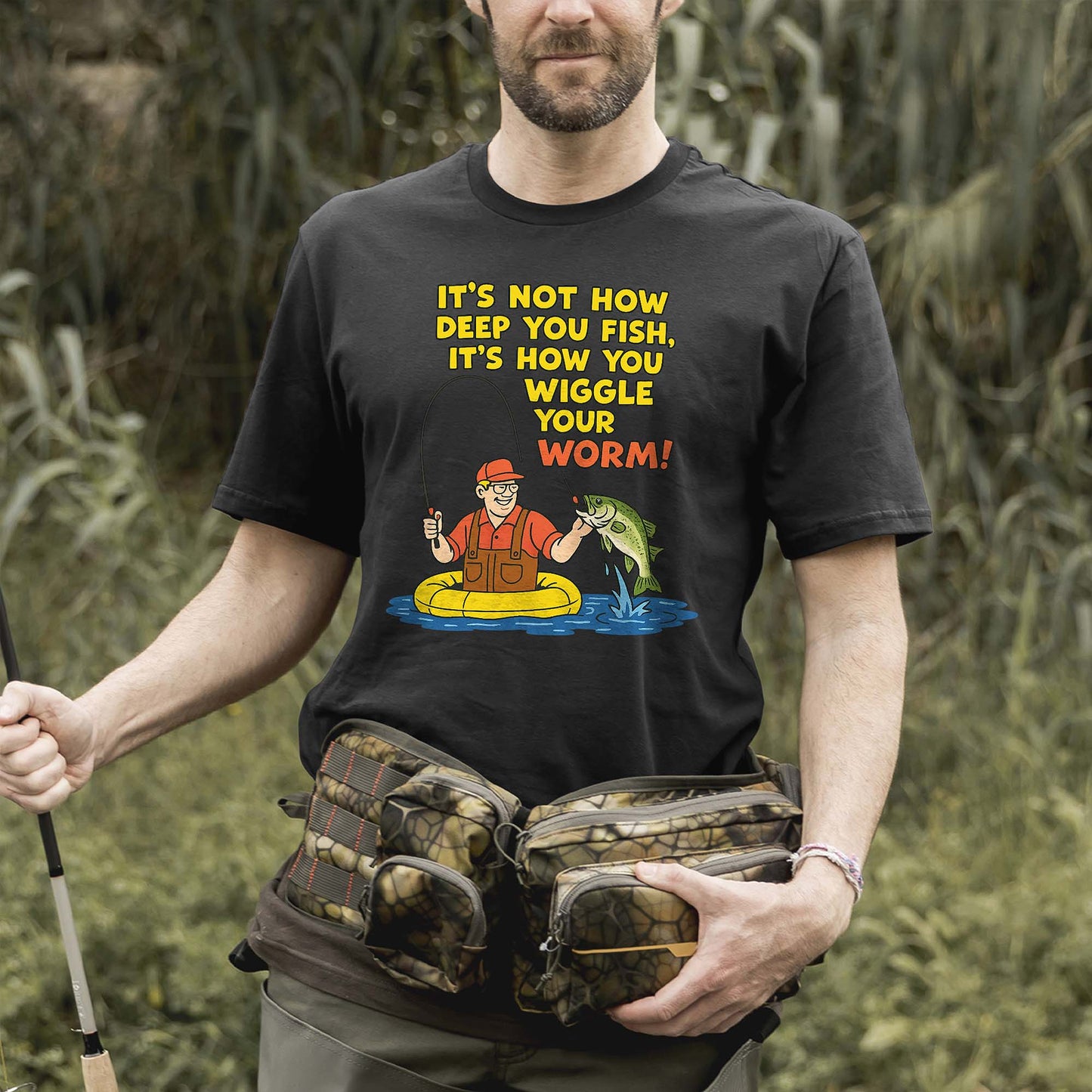 It’s Not How Deep You Fish Shirt – Funny Worm Wiggle Fishing Tee – Humorous Angler Gift – Black – Up To 5XL