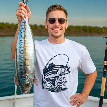 USA Flag Bass Fishing Shirt – Patriotic Angler Tee – American Flag Fisherman Graphic – White – Up To 5XL