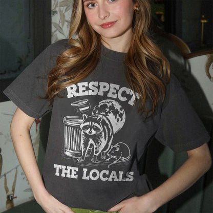 Funny Animal Shirt – Respect The Locals Raccoon Design – Trash Panda Tee- Black- Up To 5XL
