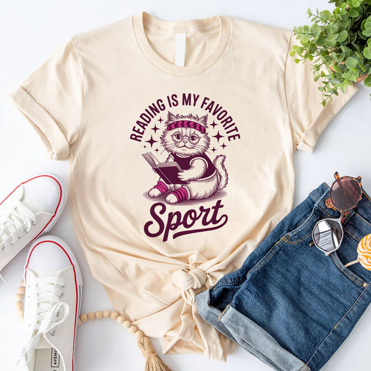 Cat Lover Shirt – Reading Is My Favorite Sport with Cute Cat – Funny Book Tee – Natural – Up To 5XL